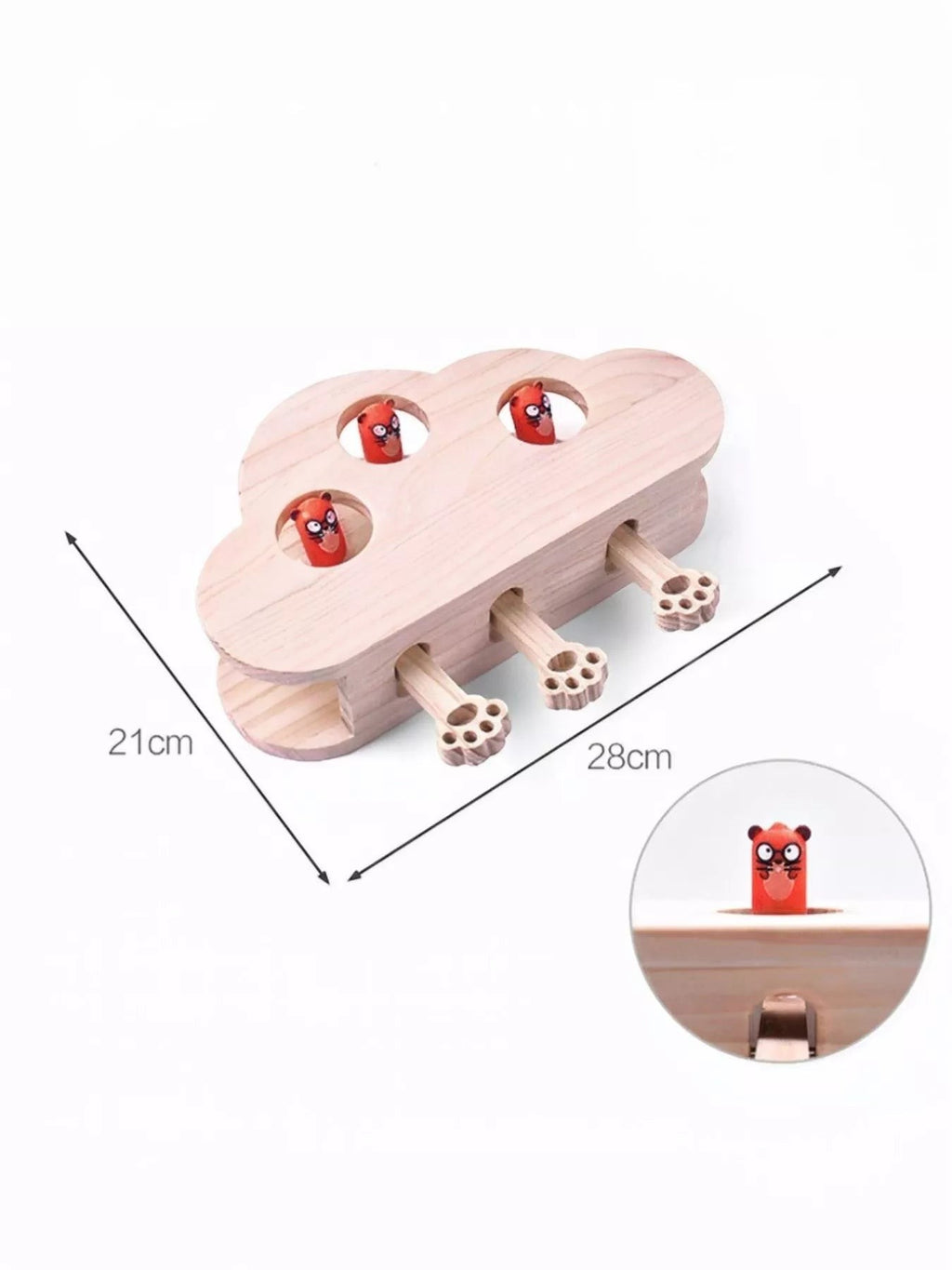 Little Pets Club interactive wooden cat toy with red cartoon characters popping out of holes, designed to stimulate hunting instincts.