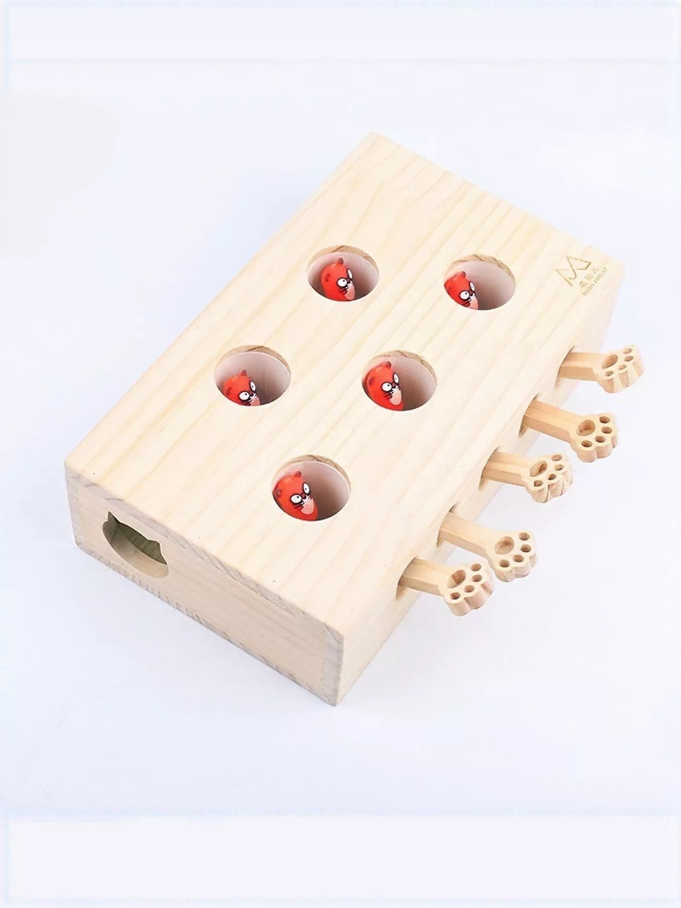 Little Pets Club interactive wooden whack-a-mole toy for cats with red characters popping out of holes and paw-shaped levers.