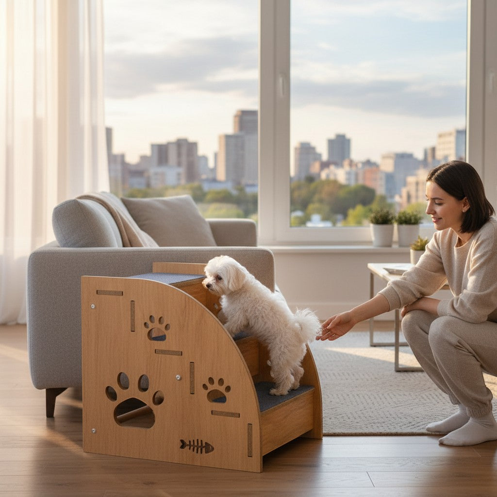 Little Pets Club wooden pet stairs with paw print cutouts, 3-step design for small dogs.