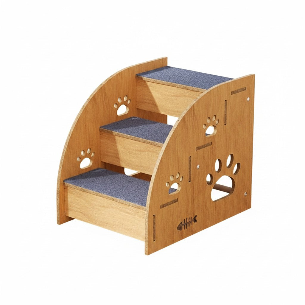 Little Pets Club wooden pet stairs with paw print cutouts and blue carpeted steps. Ideal for small dogs and cats.