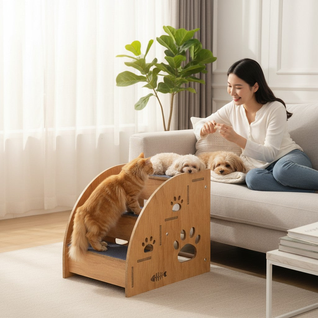 Little Pets Club wooden pet stairs with paw print cutouts, featuring a cat climbing and two dogs resting on a couch.