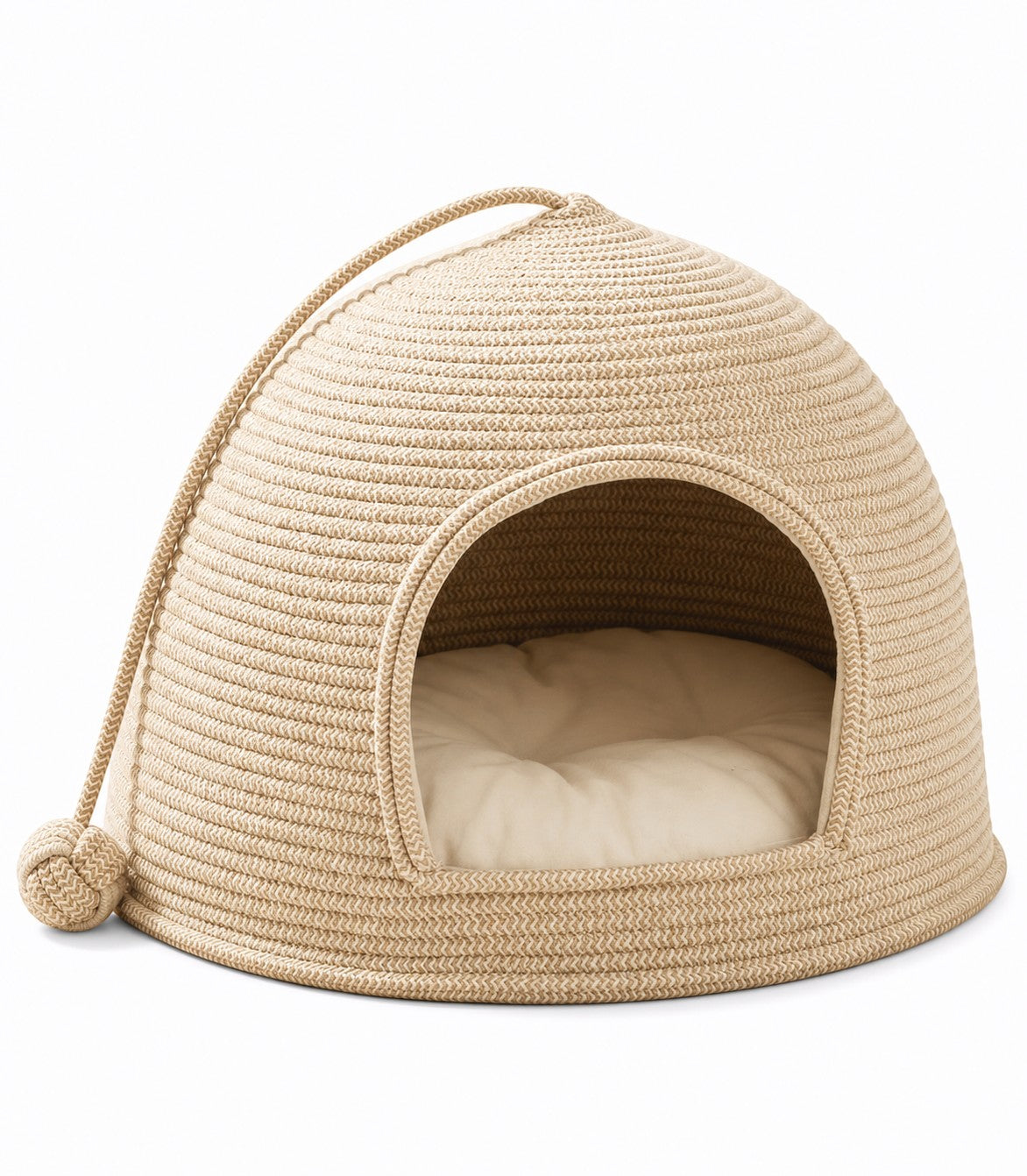 Little Pets Club woven dome cat bed in natural rope with plush cushion. Cozy pet hideaway.
