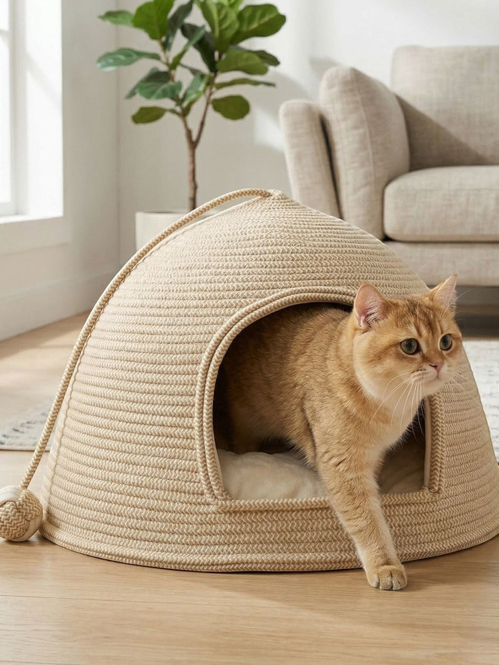 Little Pets Club woven dome cat bed made of natural rope with plush cushion, featuring a golden cat.