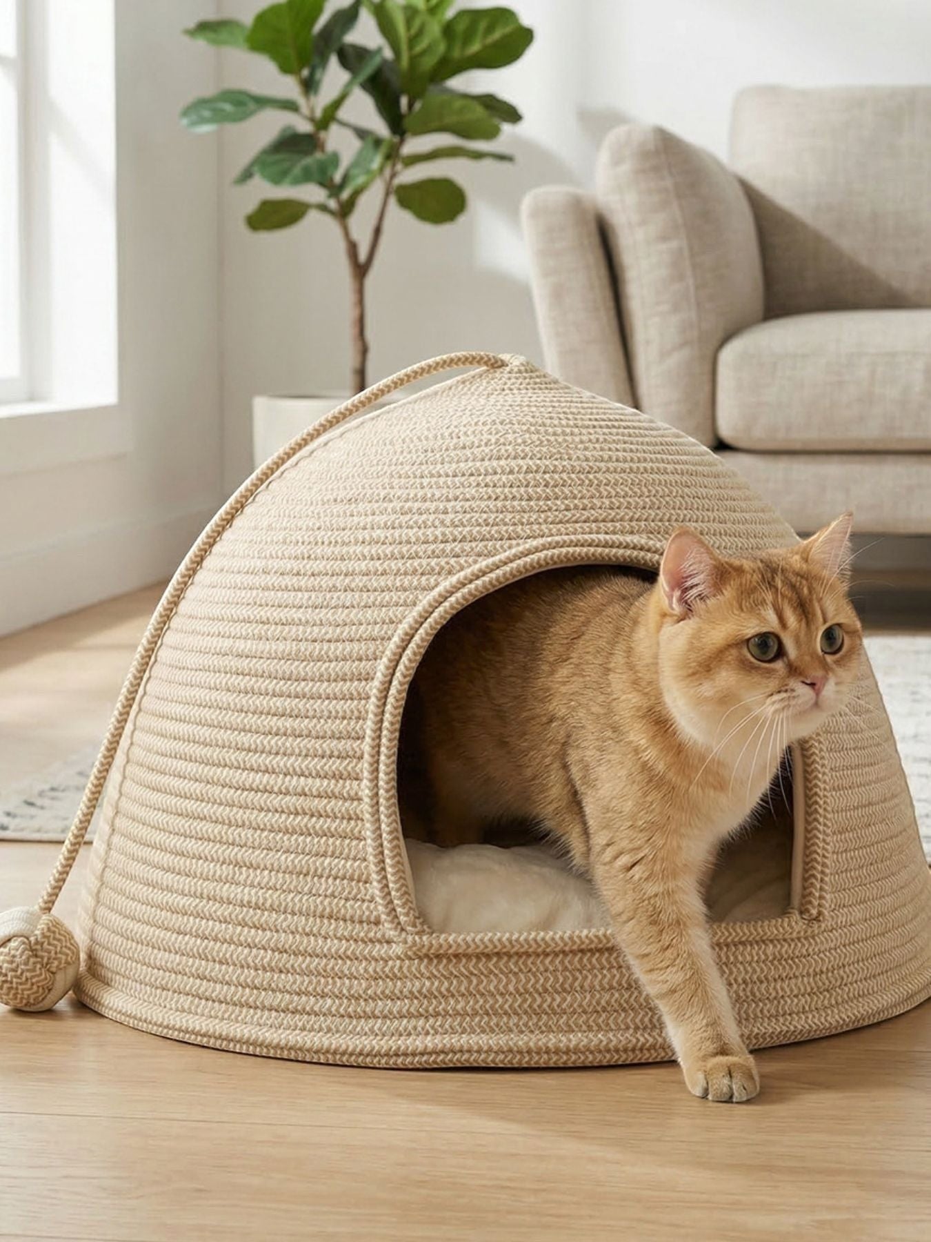 Little Pets Club woven dome cat bed made of natural rope with plush cushion, featuring a golden cat.