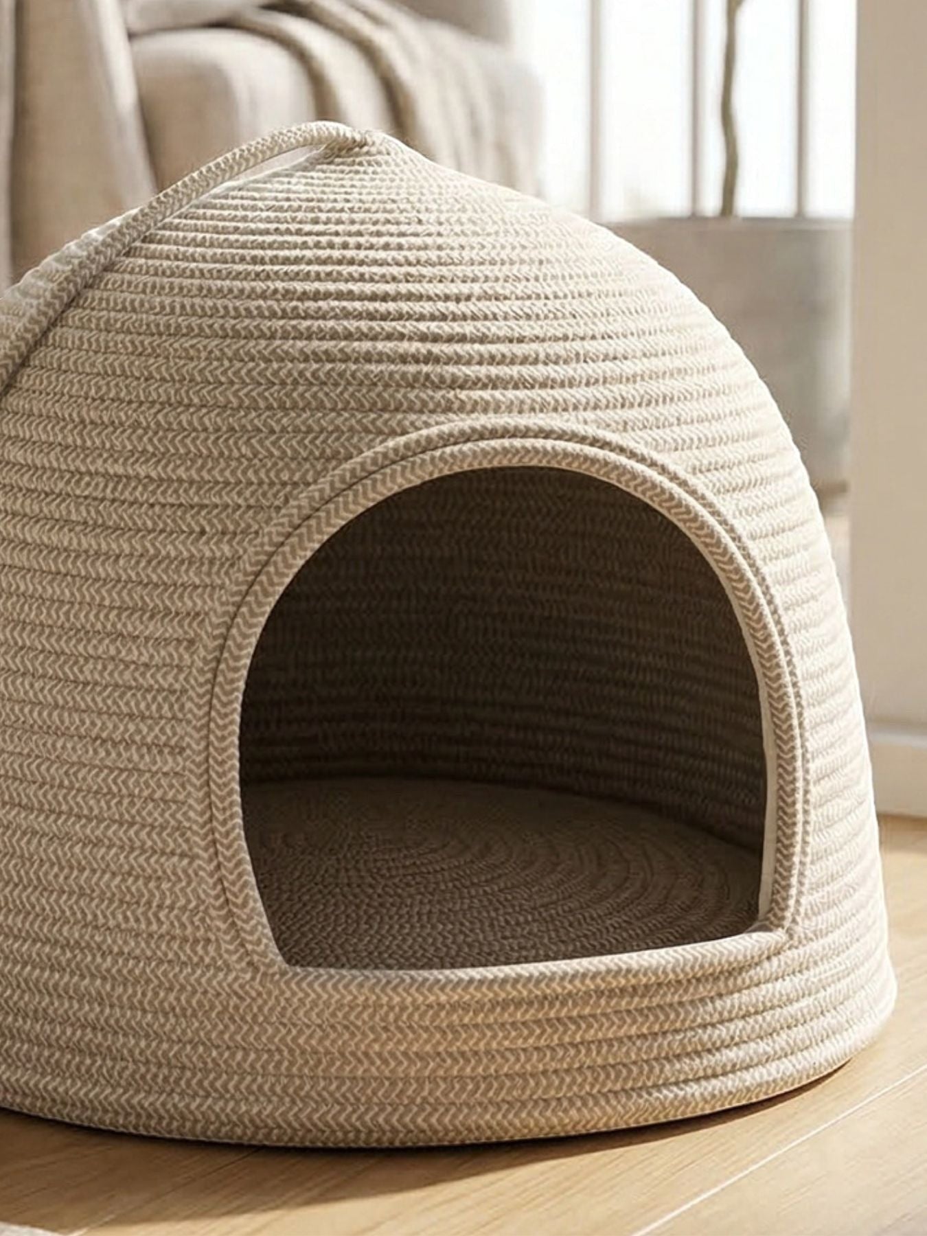 Little Pets Club woven dome cat bed in natural rope with plush cushion. Cozy hideaway for cats and small dogs.