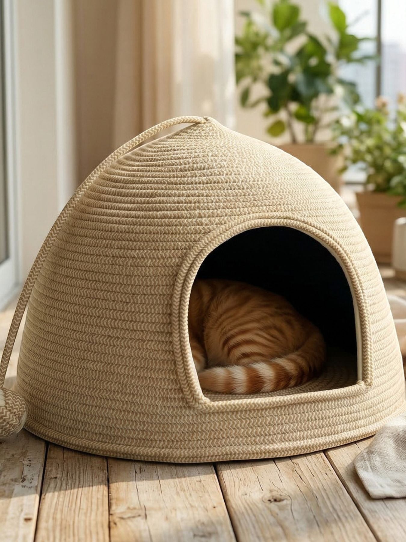 Little Pets Club woven dome cat bed in natural rope with plush cushion, featuring an orange tabby cat curled inside.
