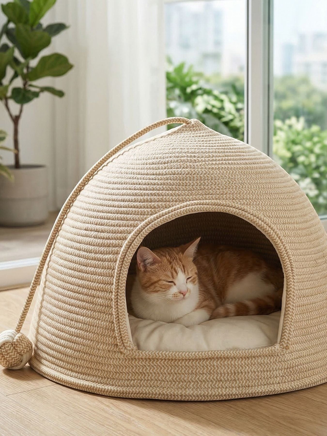 Little Pets Club woven dome cat bed made of natural rope with a plush cushion, featuring an orange and white cat resting inside.