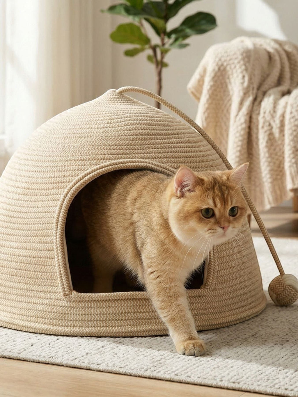 Little Pets Club woven dome cat bed made of natural rope with plush cushion, beige color.