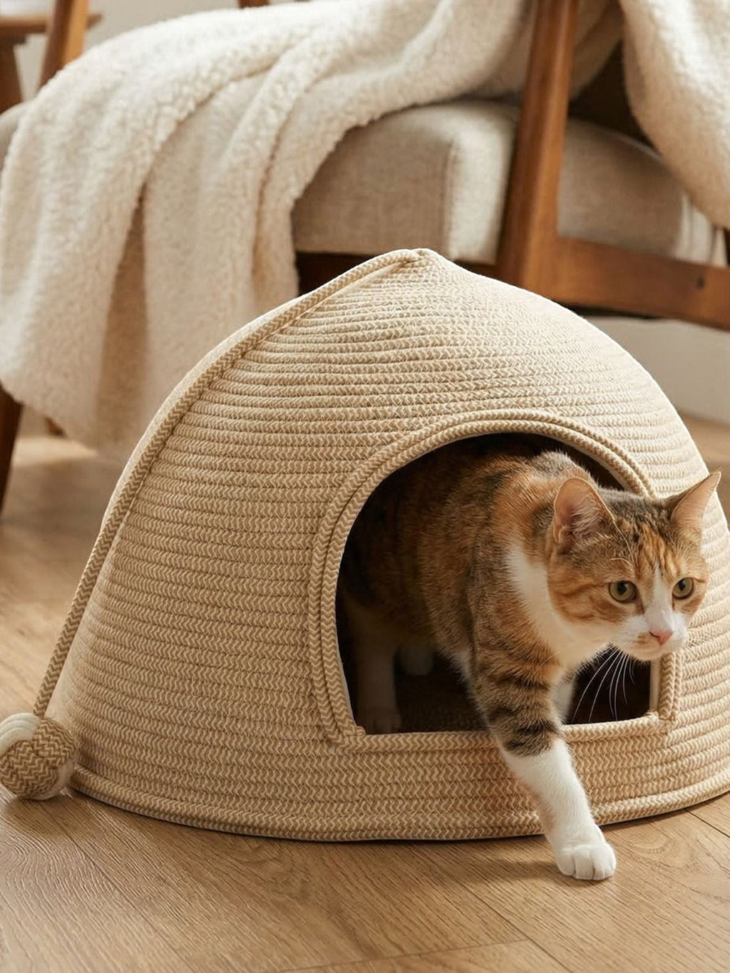 little pets club natural woven dome cat bed with plush cushion, a tabby cat is entering the hideaway.