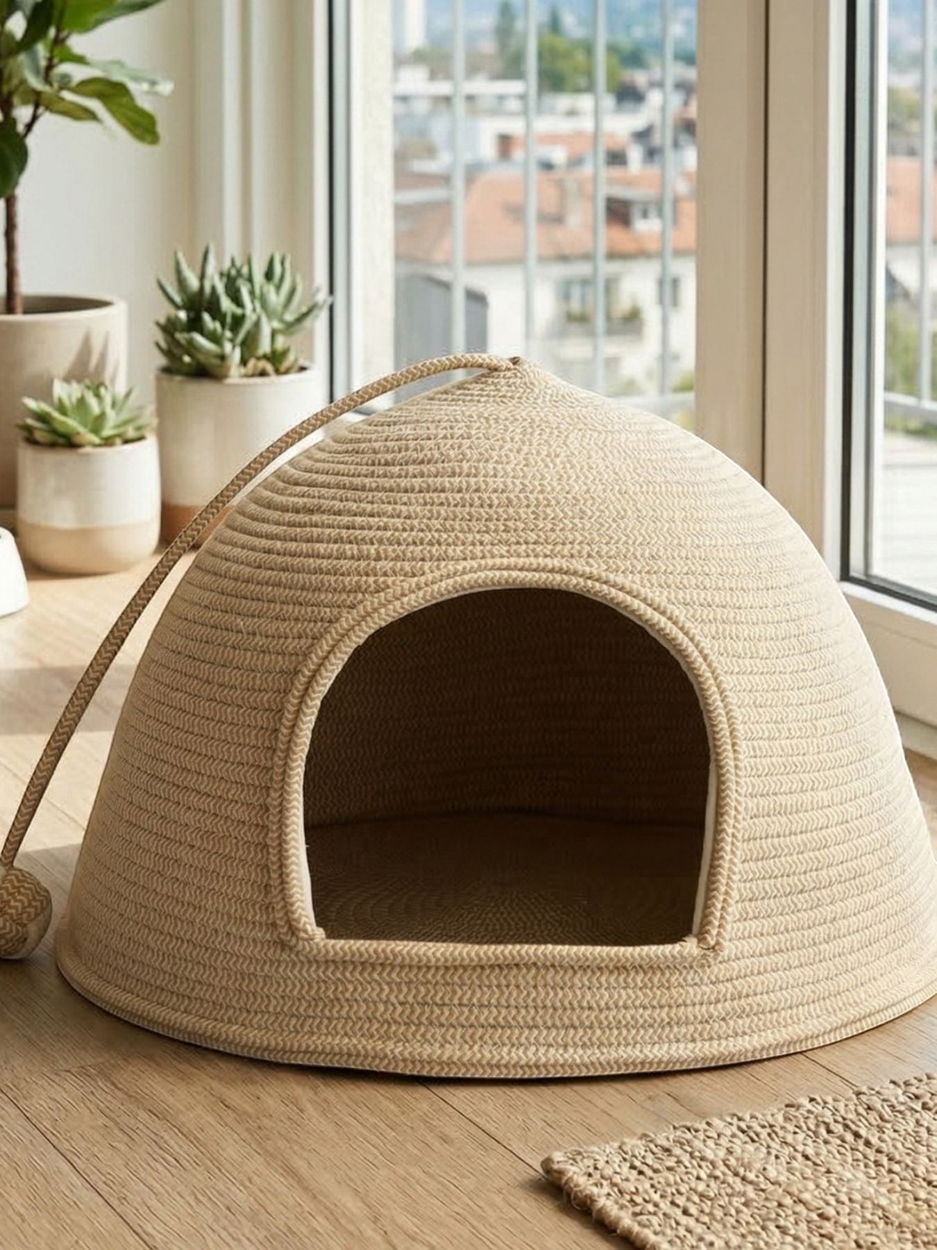 Little Pets Club woven dome cat bed in natural rope with plush cushion. Cozy hideaway for cats and small dogs.
