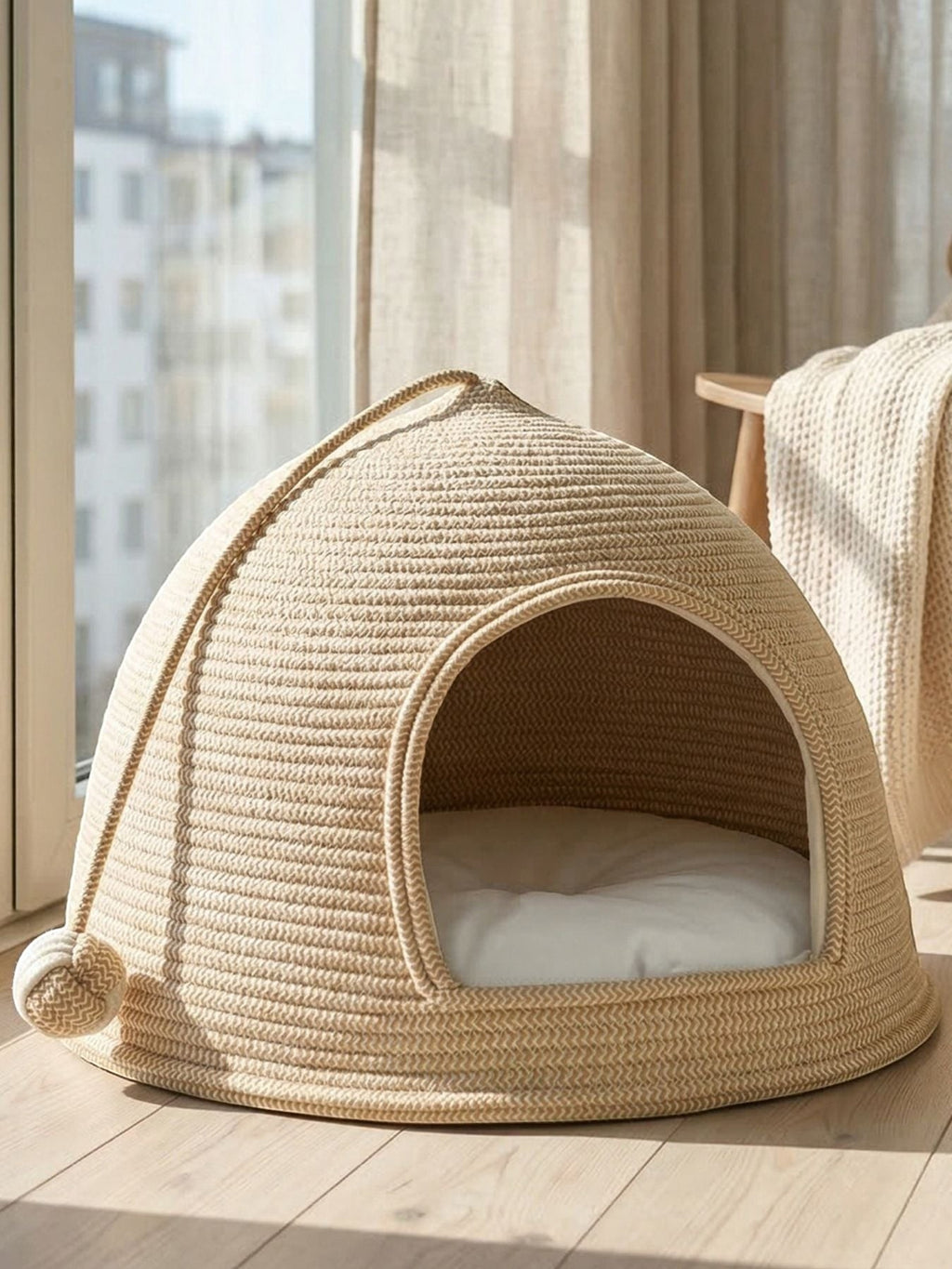 Little Pets Club woven dome cat bed in natural rope with plush cushion. Cozy hideaway for cats and small dogs.