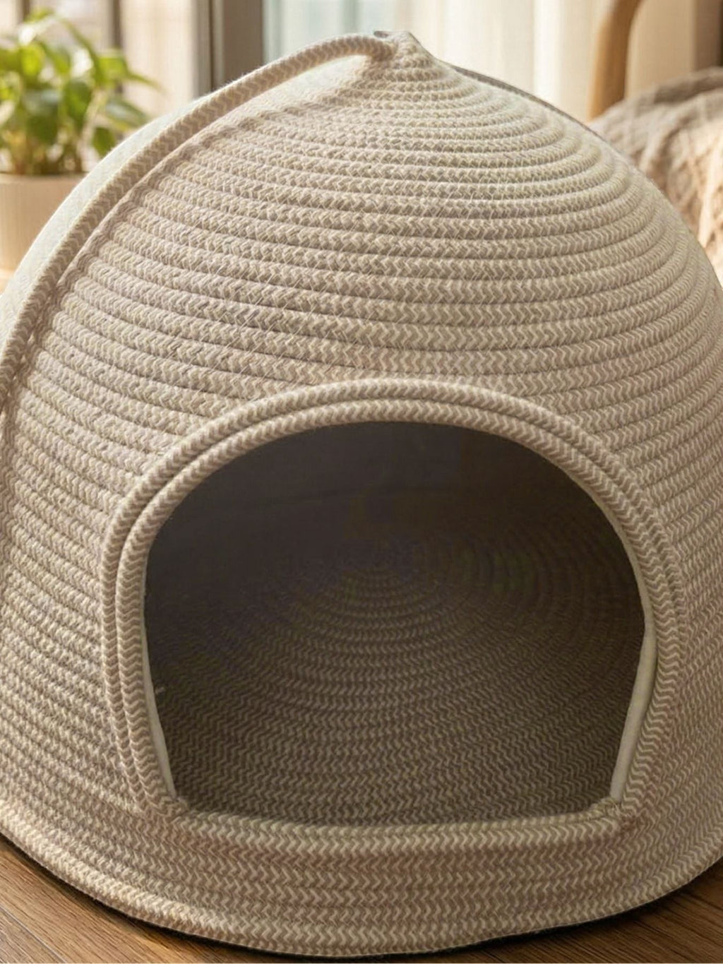 Little Pets Club woven natural rope dome cat bed with plush cushion. Cozy hideaway for cats and small dogs.