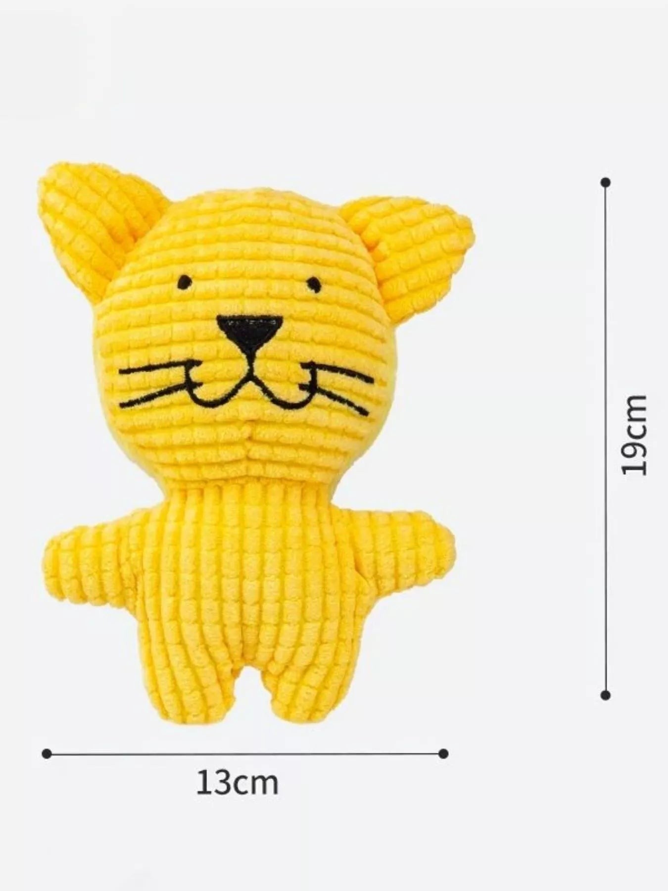 Little Pets Club yellow corduroy plush cat toy with embroidered face and ribbed texture. Measures 19cm tall.