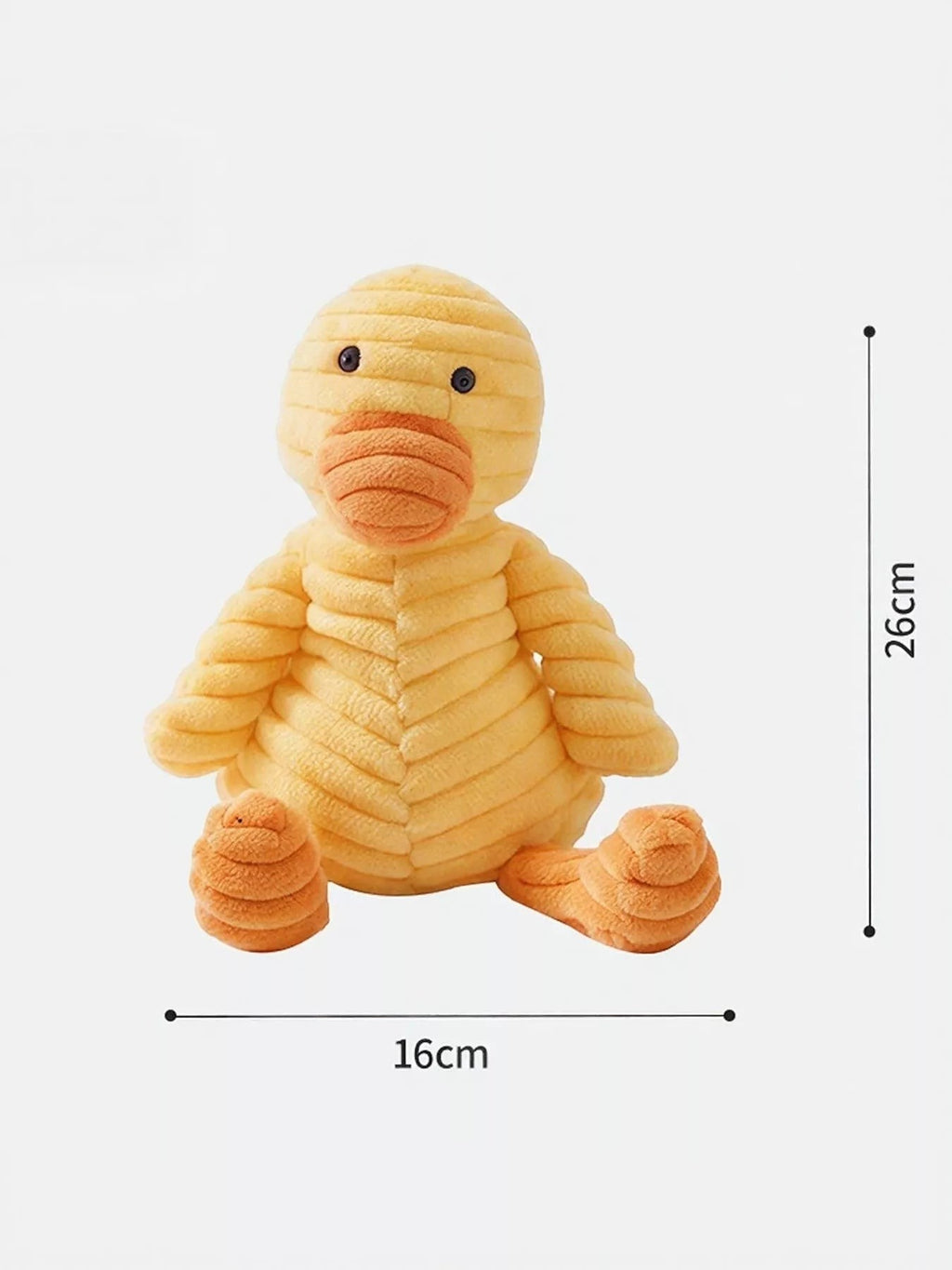 Little Pets Club yellow corduroy duck plush toy with orange beak and feet, ribbed texture, 26cm tall.