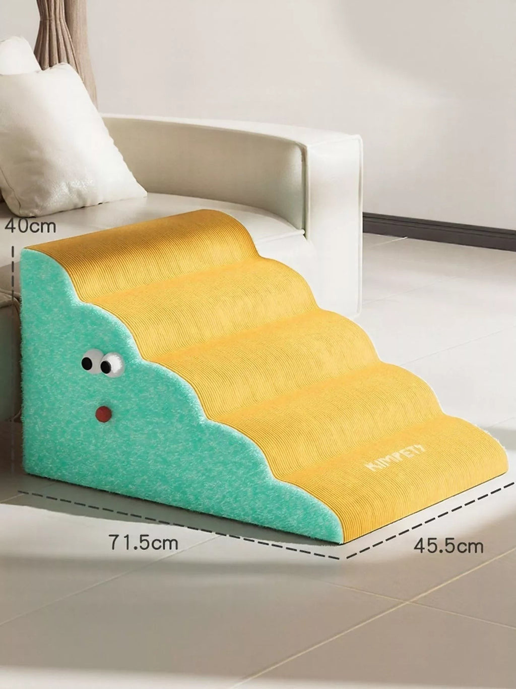 Little Pets Club yellow 4-step foam pet stairs with teal cloud-shaped sides and googly eyes, providing safe access to furniture.