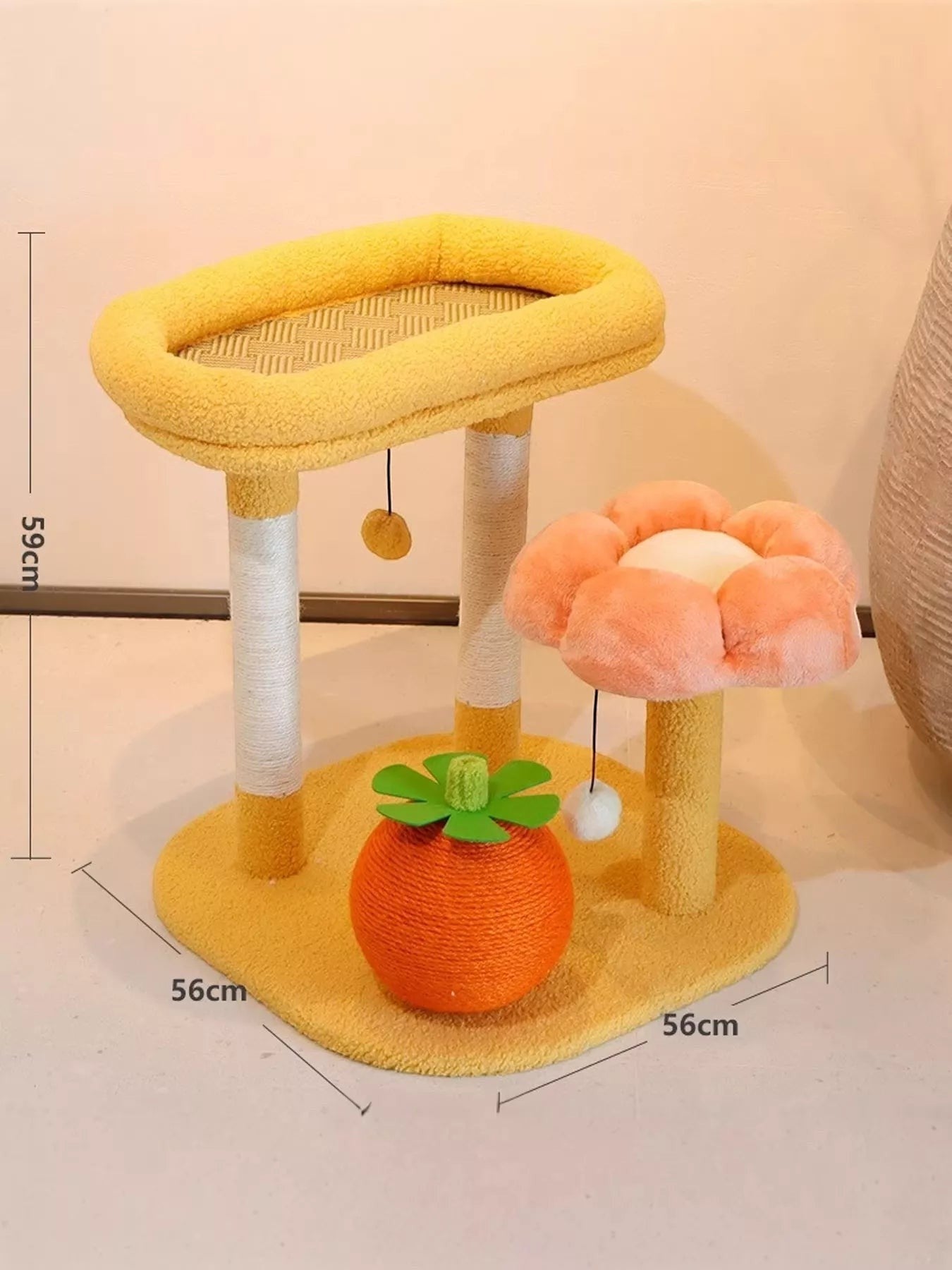 Little Pets Club yellow and orange plush cat tree with sisal posts and fruit-shaped toy.