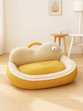 Little Pets Club yellow corduroy orthopedic pet sofa bed with plush lining and raised edges.