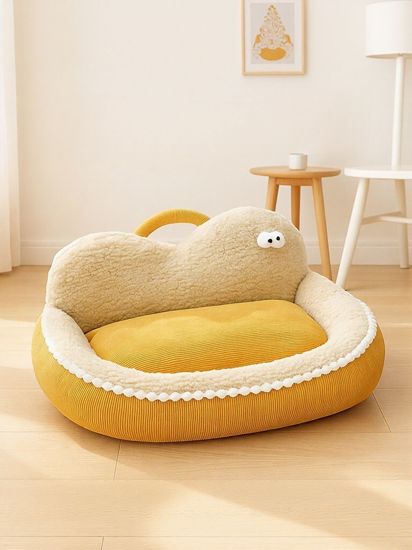 Little Pets Club yellow corduroy orthopedic pet sofa bed with plush lining and raised edges.