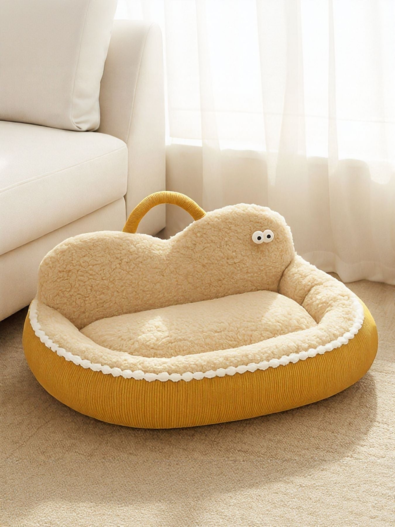 Little Pets Club yellow corduroy orthopedic pet sofa bed with plush lining and raised edges.