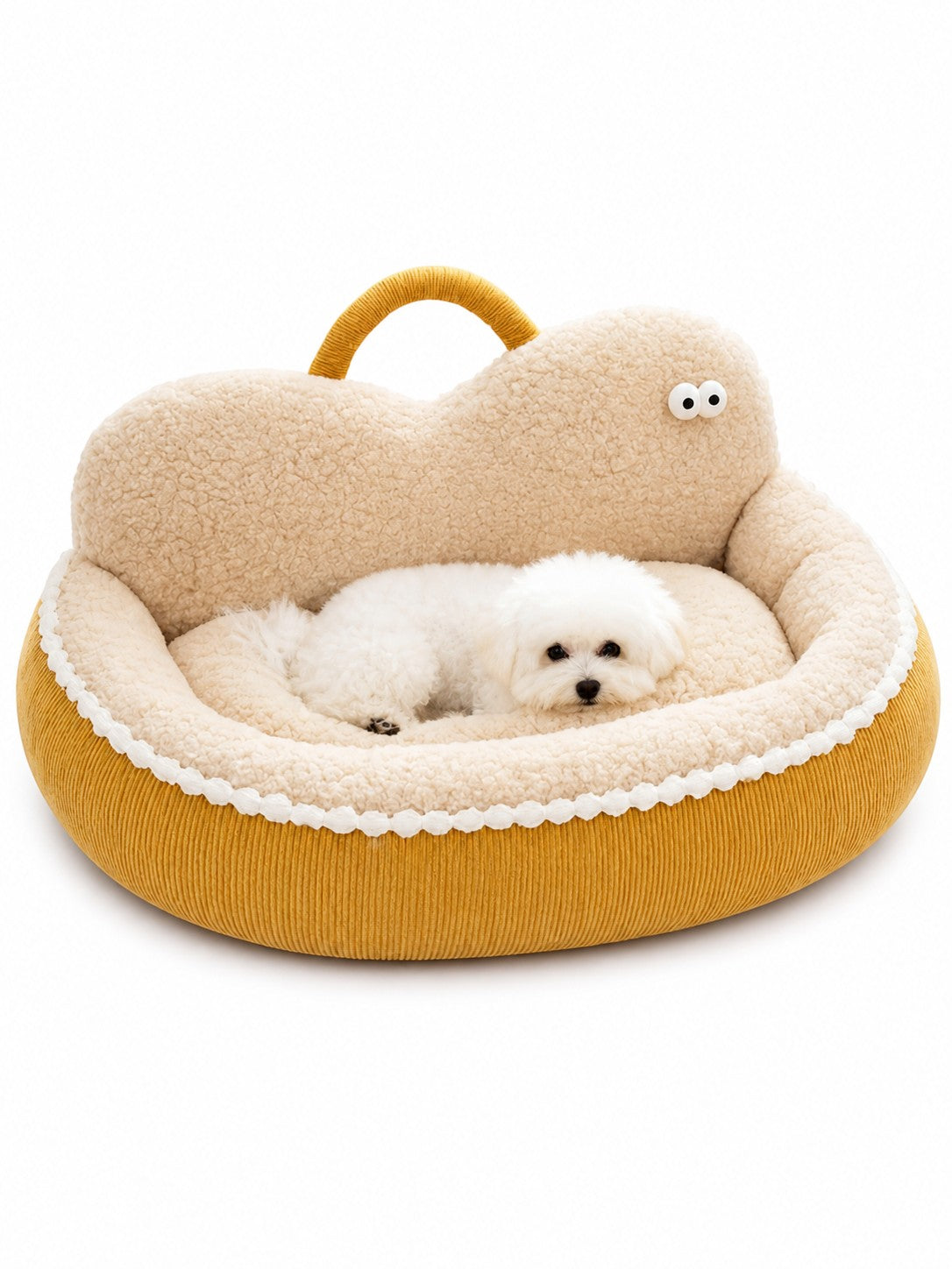 Little Pets Club yellow corduroy orthopedic pet sofa bed with plush lining and raised edges, featuring a cute cartoon face design.