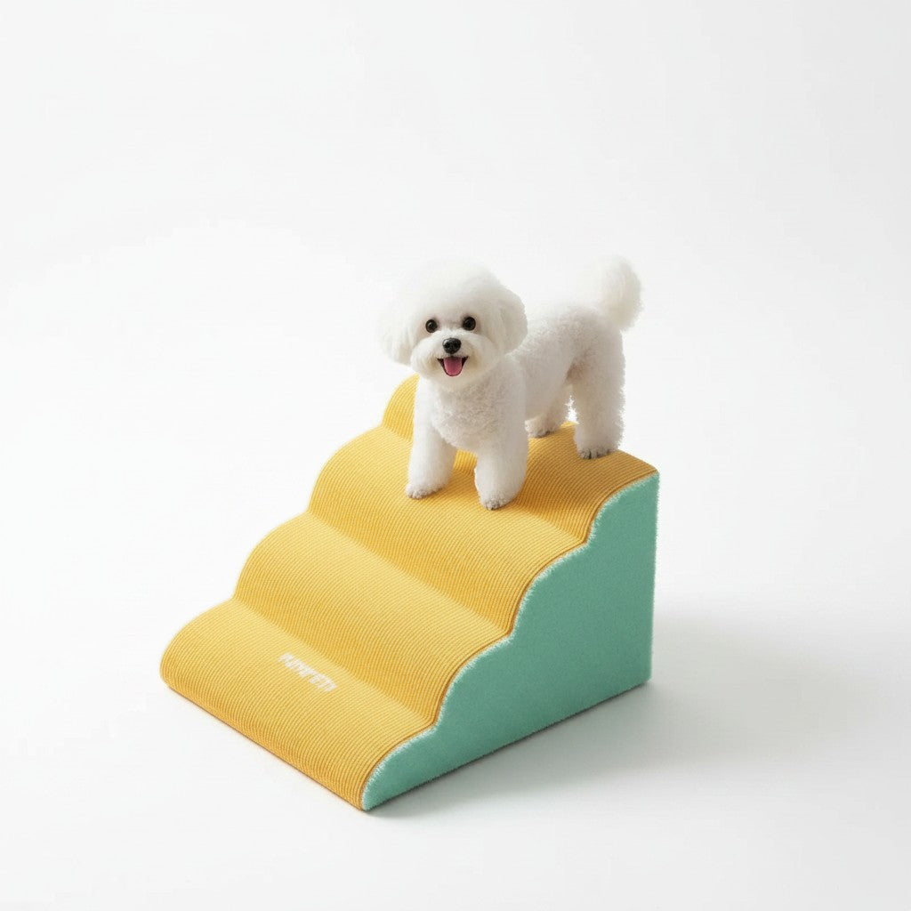 Little Pets Club yellow polyester 4-step pet stairs with a small white dog standing on top.