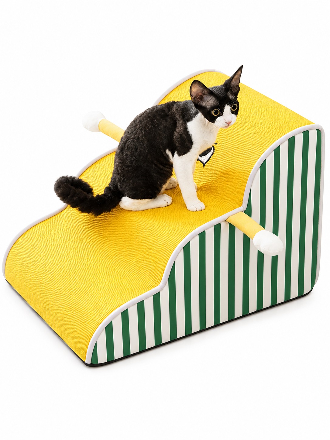 Little Pets Club yellow pet steps with green and white striped sides, featuring a black and white cat sitting on top.