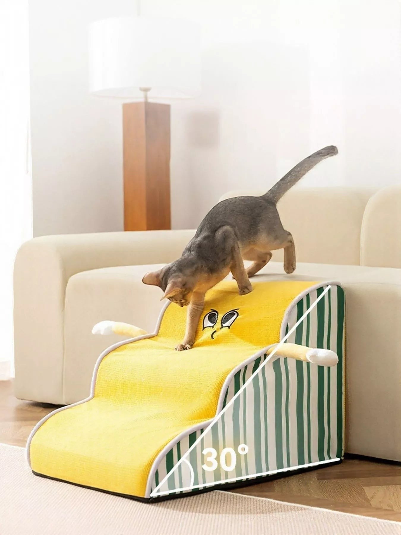 Little Pets Club yellow pet steps with cute face design, helping a cat climb onto a couch.