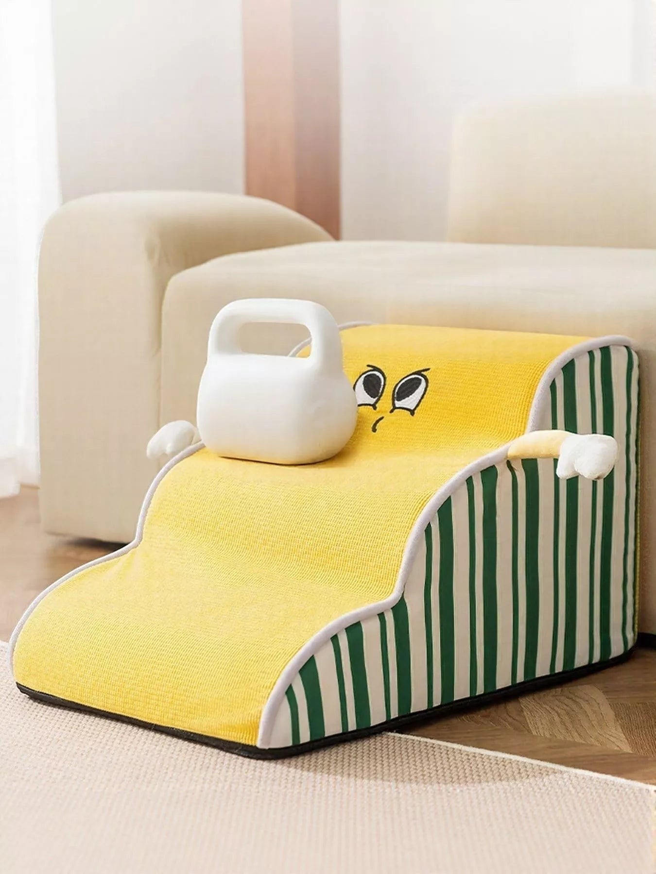 Little Pets Club yellow pet steps with a cute face design, featuring a gentle incline for easy climbing. Ideal for small or older pets.