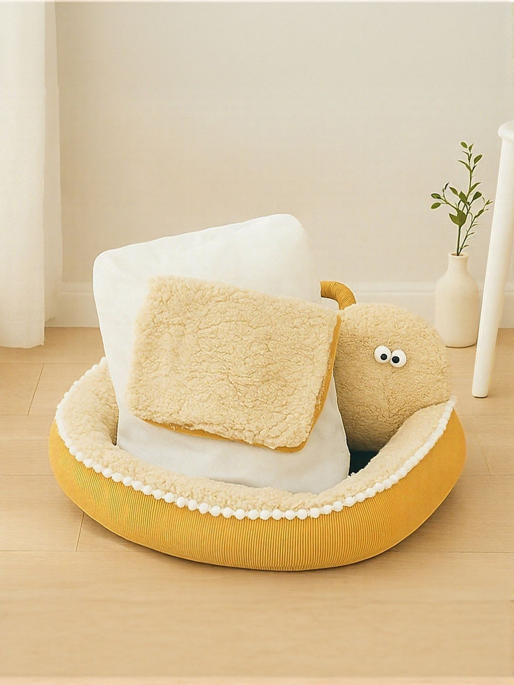 Little Pets Club yellow plush orthopedic pet sofa bed with raised edges and deep cushioned base.
