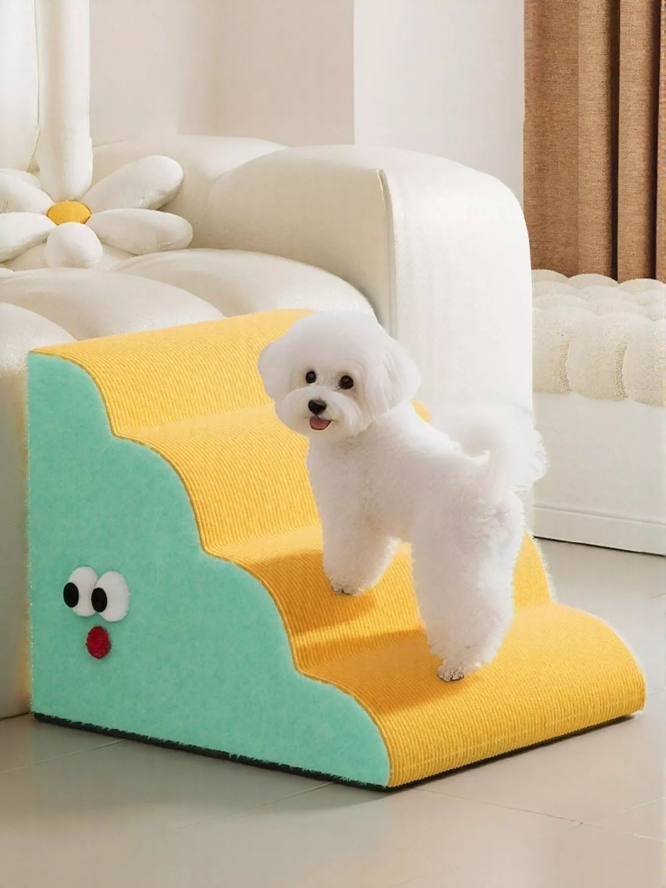 Little Pets Club yellow and teal foam pet stairs with a cute face, perfect for dogs and cats to reach furniture.