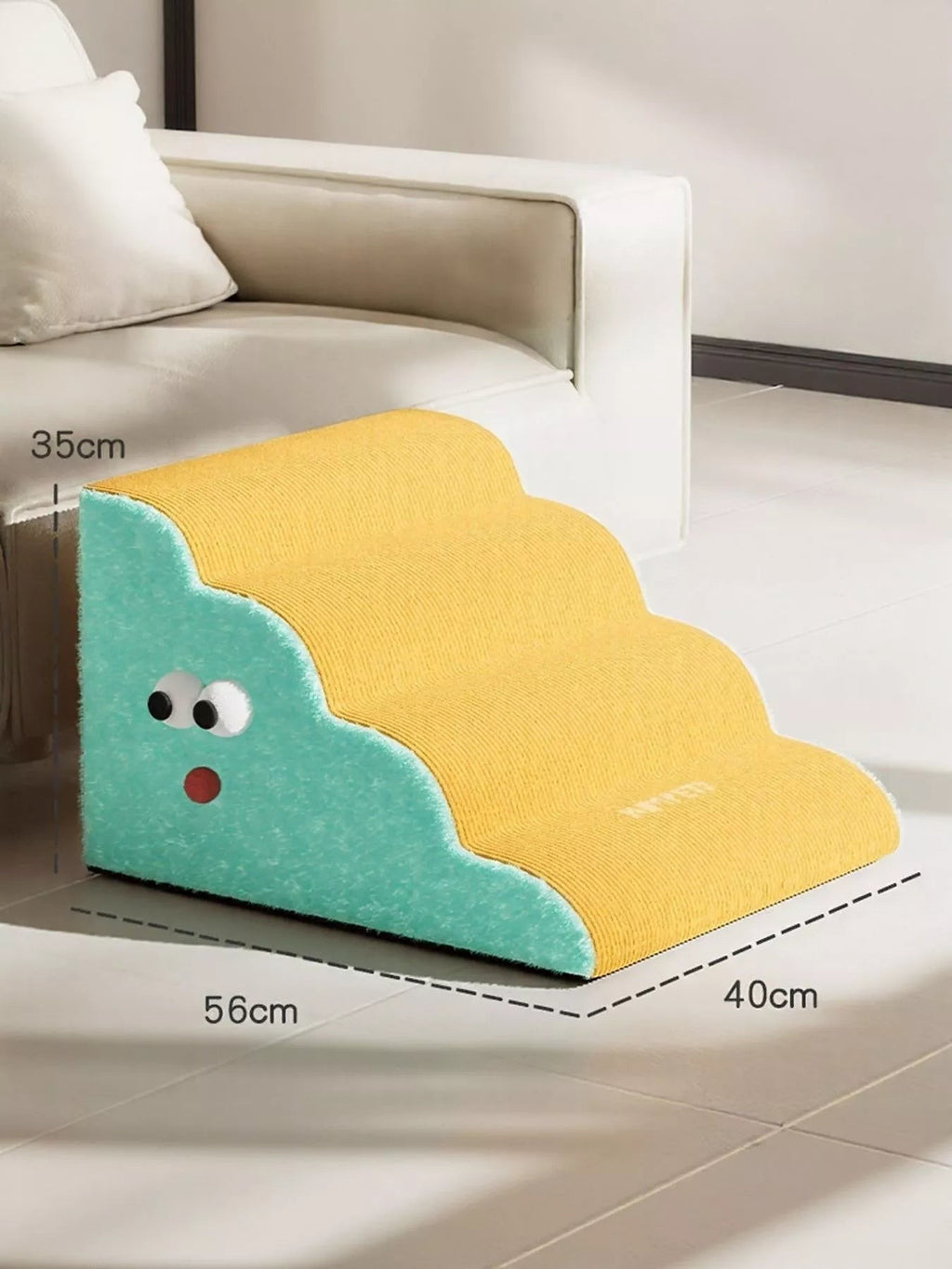 Little Pets Club yellow and teal foam pet stairs with a cute face, ideal for dogs and cats to reach furniture.