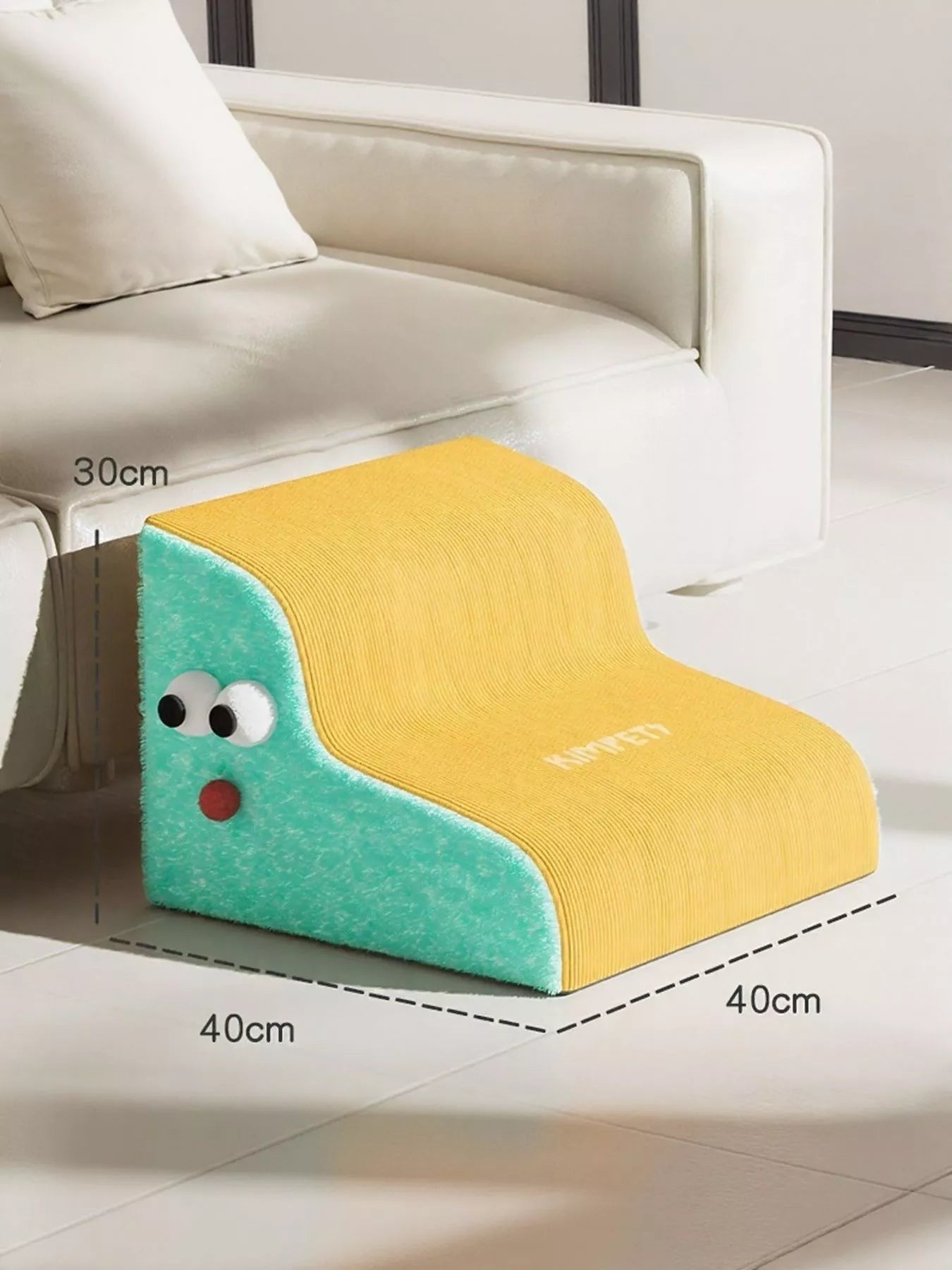 Little Pets Club yellow and teal foam pet stairs with googly eyes, perfect for dogs and cats to reach furniture.
