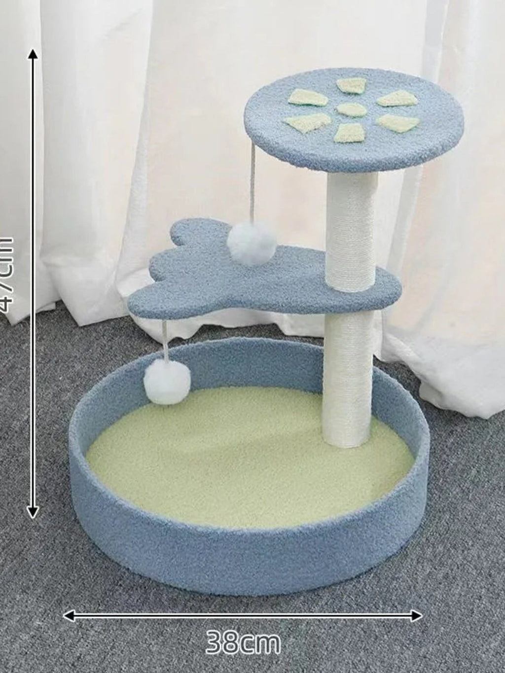 Little Pets Club blue cat tree with scratching post, perch, and bed. Features interactive toy.