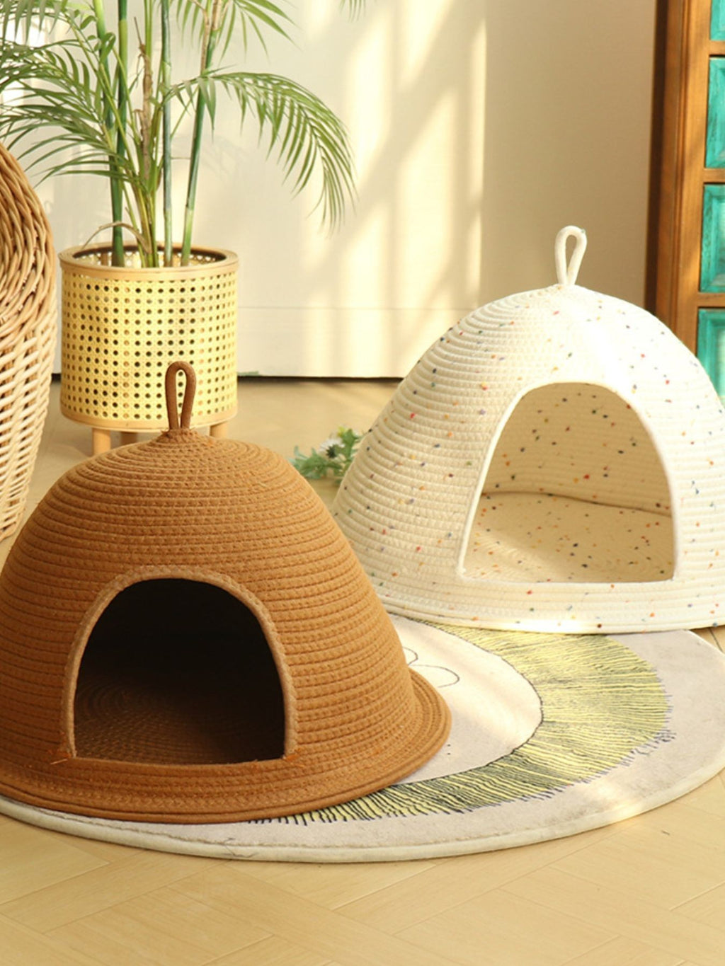 Little Pets Club Cozy Hideaway Cave pet bed in brown woven rope, semi-enclosed design for cats and small dogs.