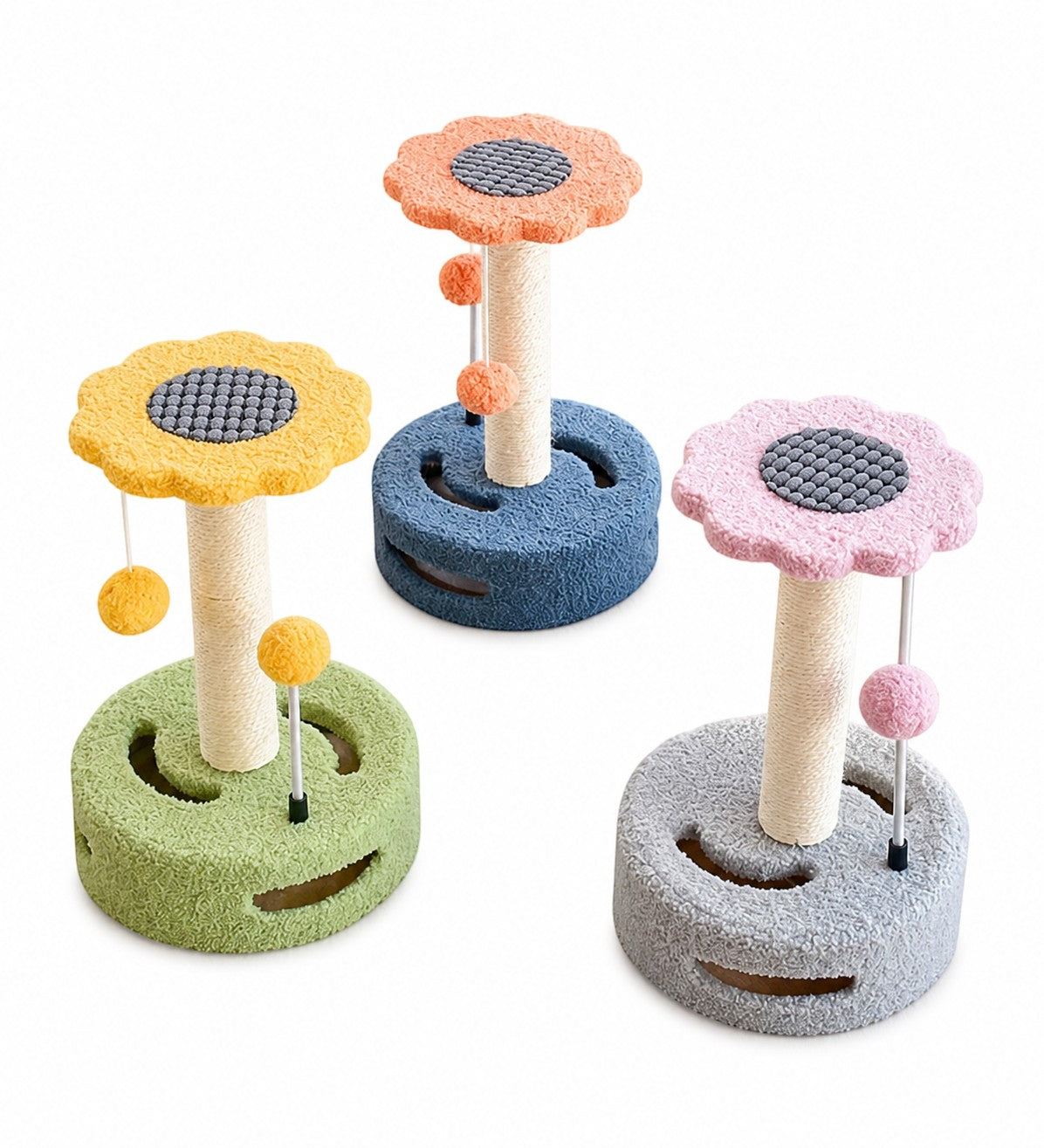 Little Pets Club Bloom Cat Scratcher with dangling pom balls in yellow, pink, and blue.