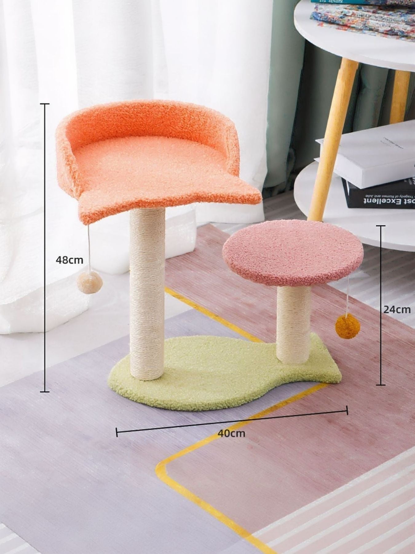 Little Pets Club Playhouse Scratcher cat tree with orange perch, pink platform, sisal scratching post, and dangling toys.