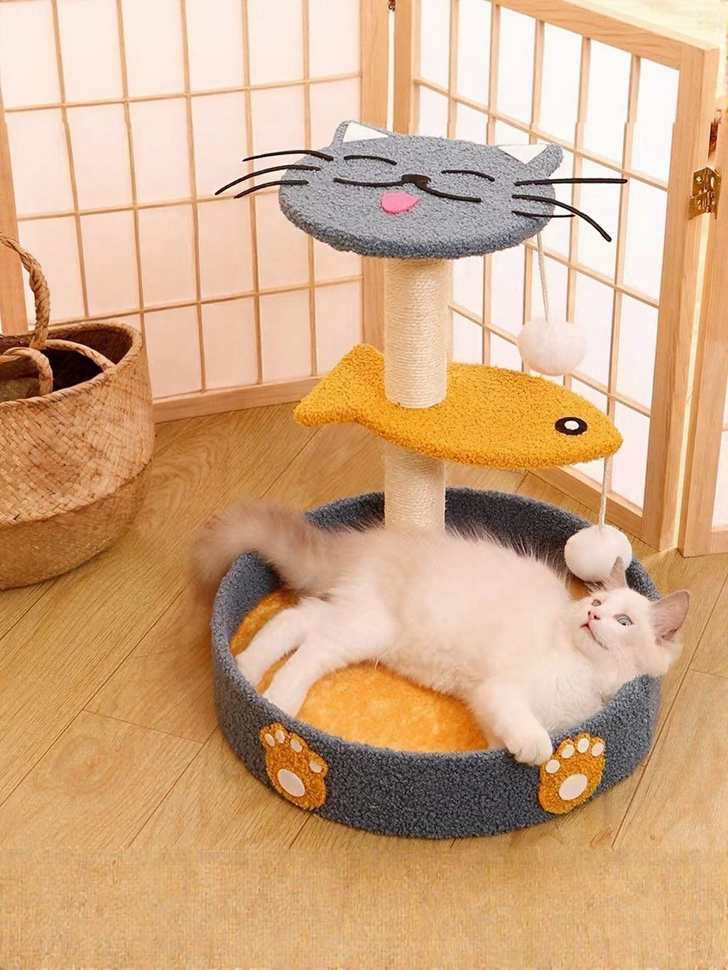 Little Pets Club Playhouse Scratcher cat tree with scratching post, perch, and bed. Grey cat face top, yellow fish perch, blue base bed.