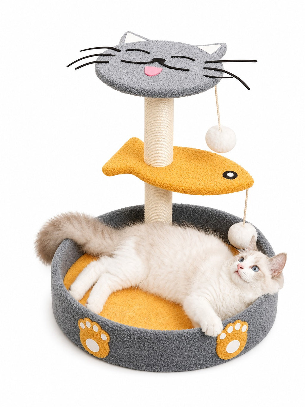 Little Pets Club cat tree with scratching post, perch, and bed. Features a grey cat face top, yellow fish perch, and grey base with paw print details. A fluffy cat rests in the bed.
