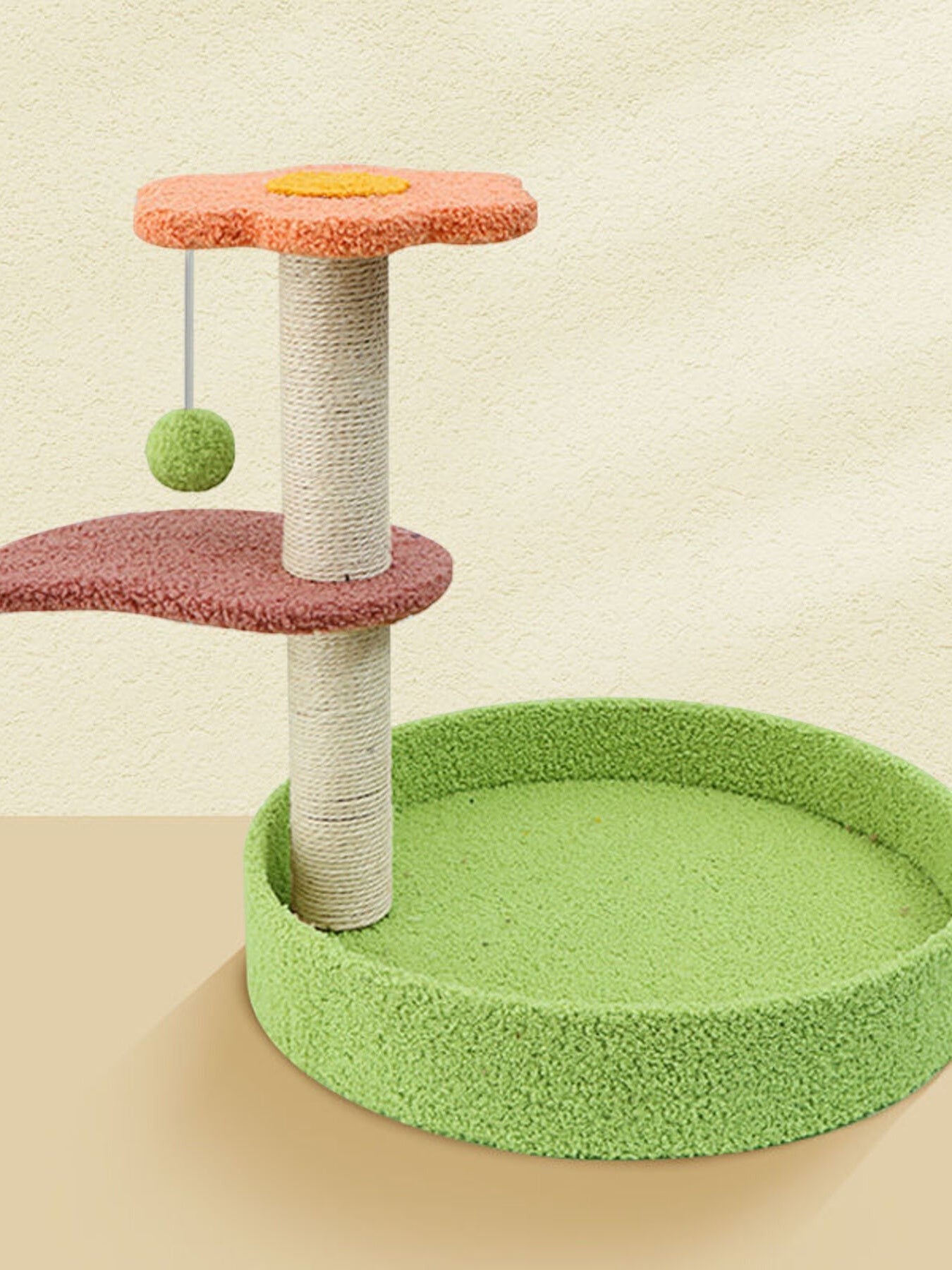Little Pets Club cat tree with scratching post, flower-shaped perch, and green base bed. Includes dangling toy.