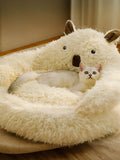 Little Pets Club cream plush bear-shaped pet bed with raised edges and a white cat resting inside.