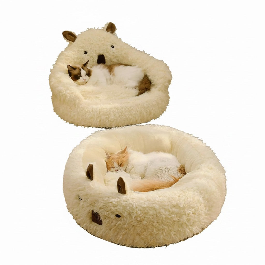 little pets club cream plush bear-shaped pet nest with two cats sleeping inside