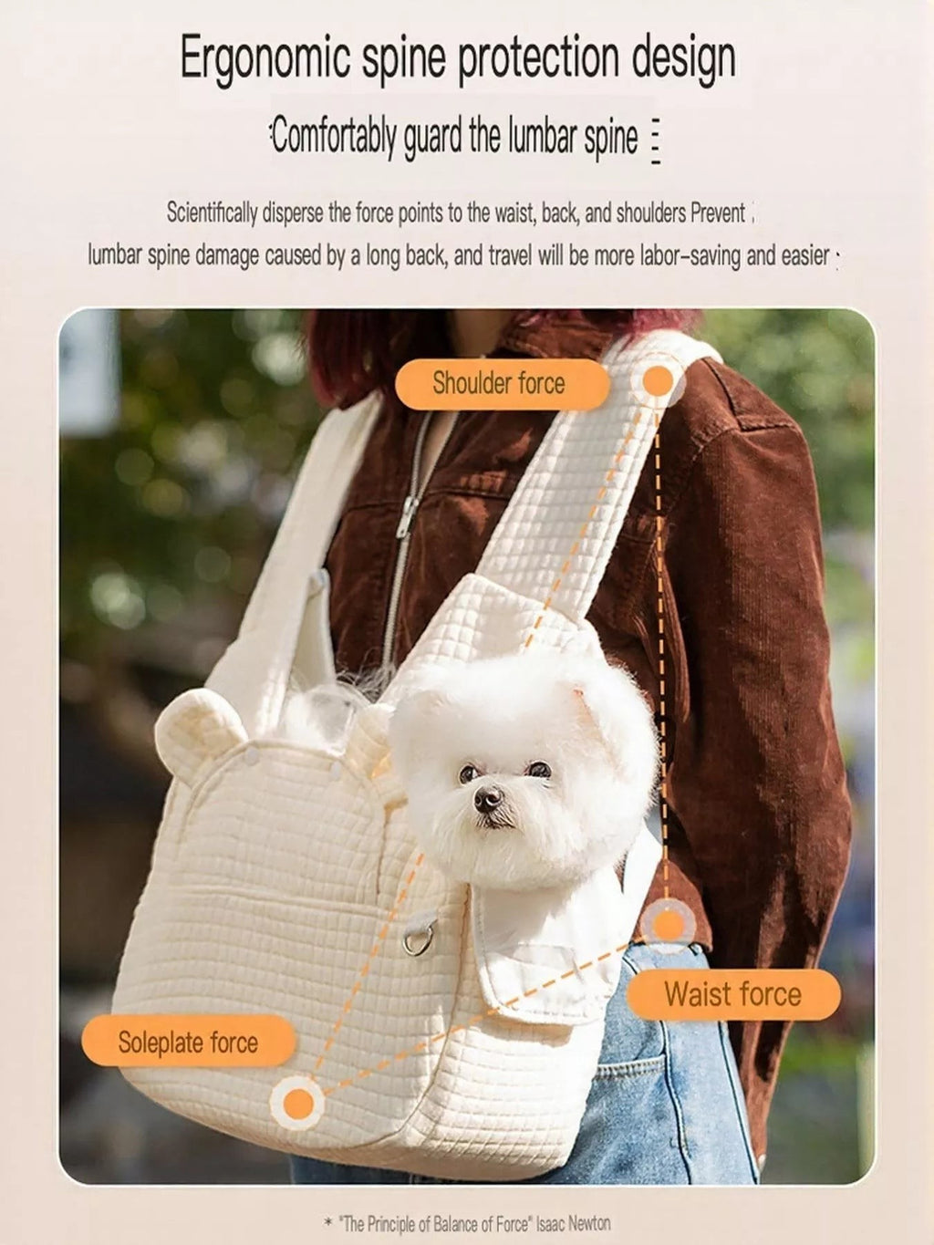 Little Pets Club cream quilted pet carrier tote bag with adjustable straps, featuring a small white dog peeking out.