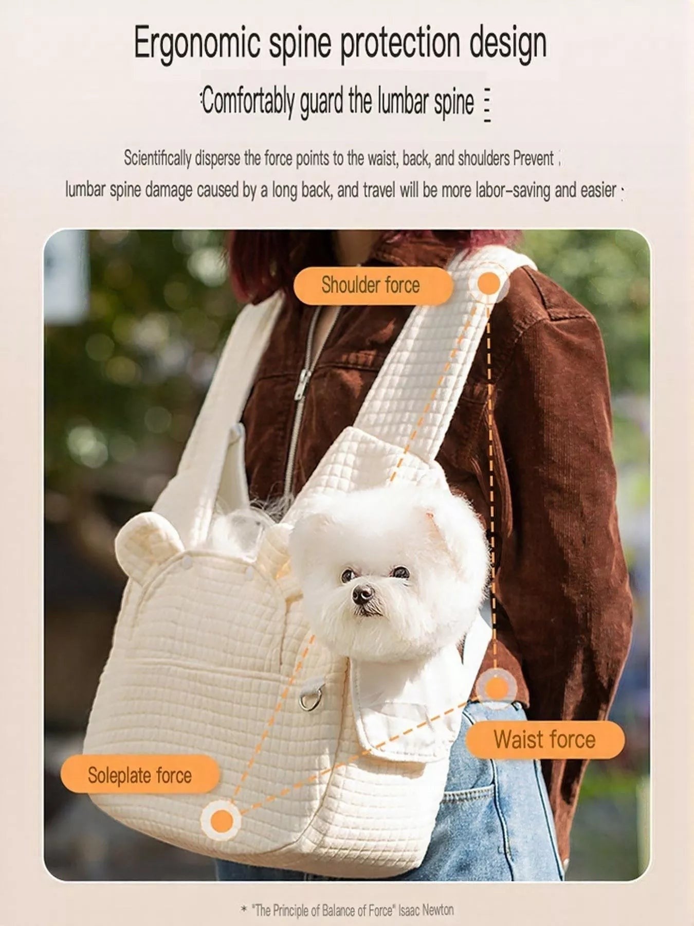 Little Pets Club cream quilted pet carrier tote bag with adjustable straps, featuring a small white dog peeking out.