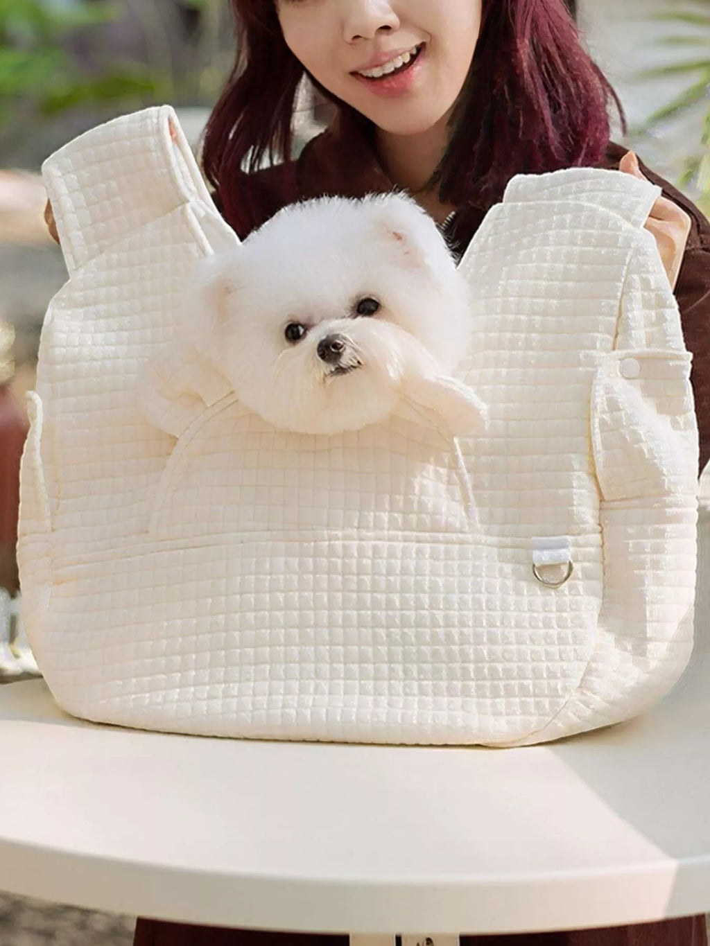 Little Pets Club cream quilted pet carrier tote bag with a small white dog peeking out.