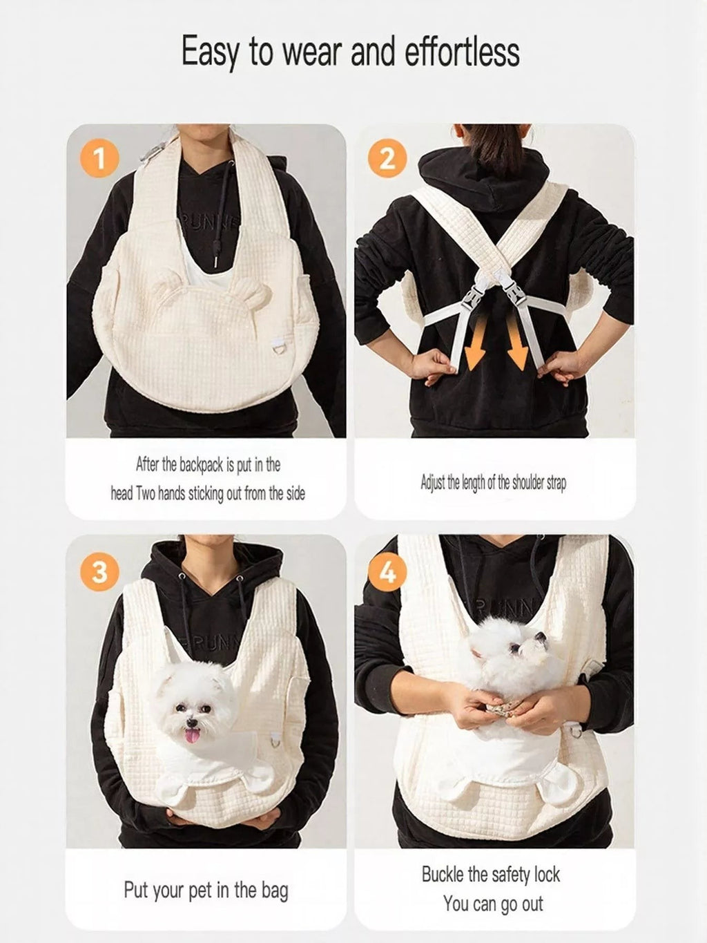 Little Pets Club cream quilted pet carrier tote bag with adjustable straps and ear details, shown with a small white dog.
