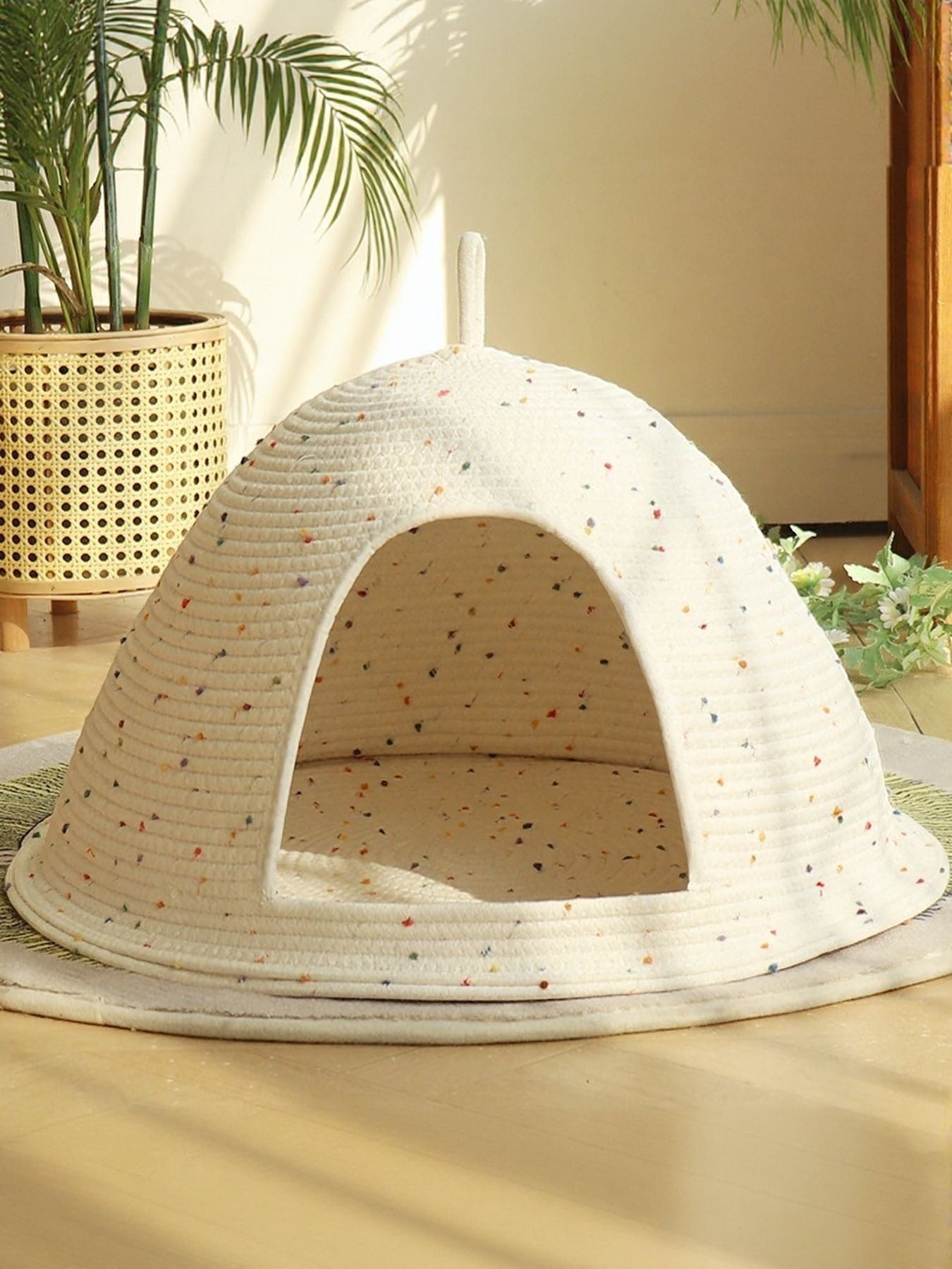 Little Pets Club Cozy Hideaway Cave pet bed, cream woven rope with colorful speckles, semi-enclosed dome shape for cats and small dogs.