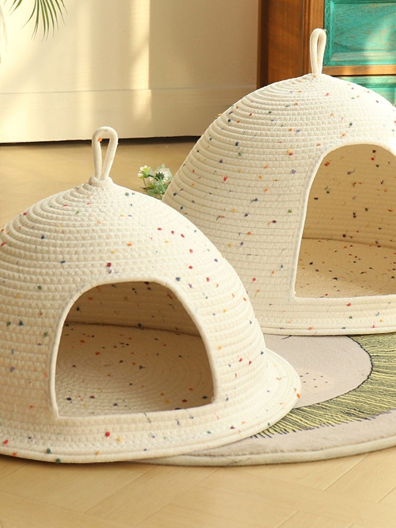 Little Pets Club Cozy Hideaway Cave pet bed, cream woven rope with colorful speckles, semi-enclosed dome shape with arched entrance.