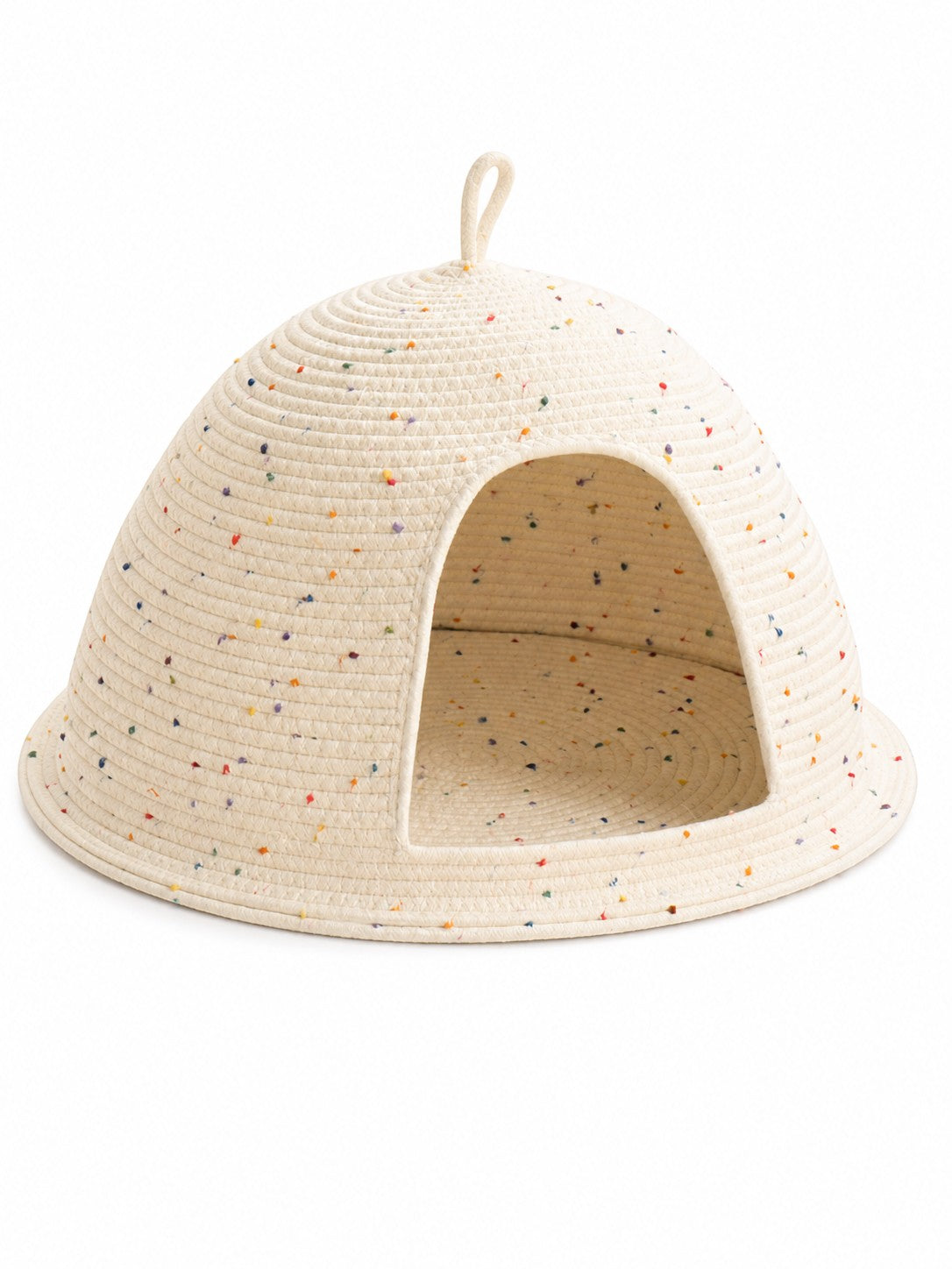 Little Pets Club Cozy Hideaway Cave pet bed, cream woven rope with colorful speckles, semi-enclosed dome shape for cats and small dogs.