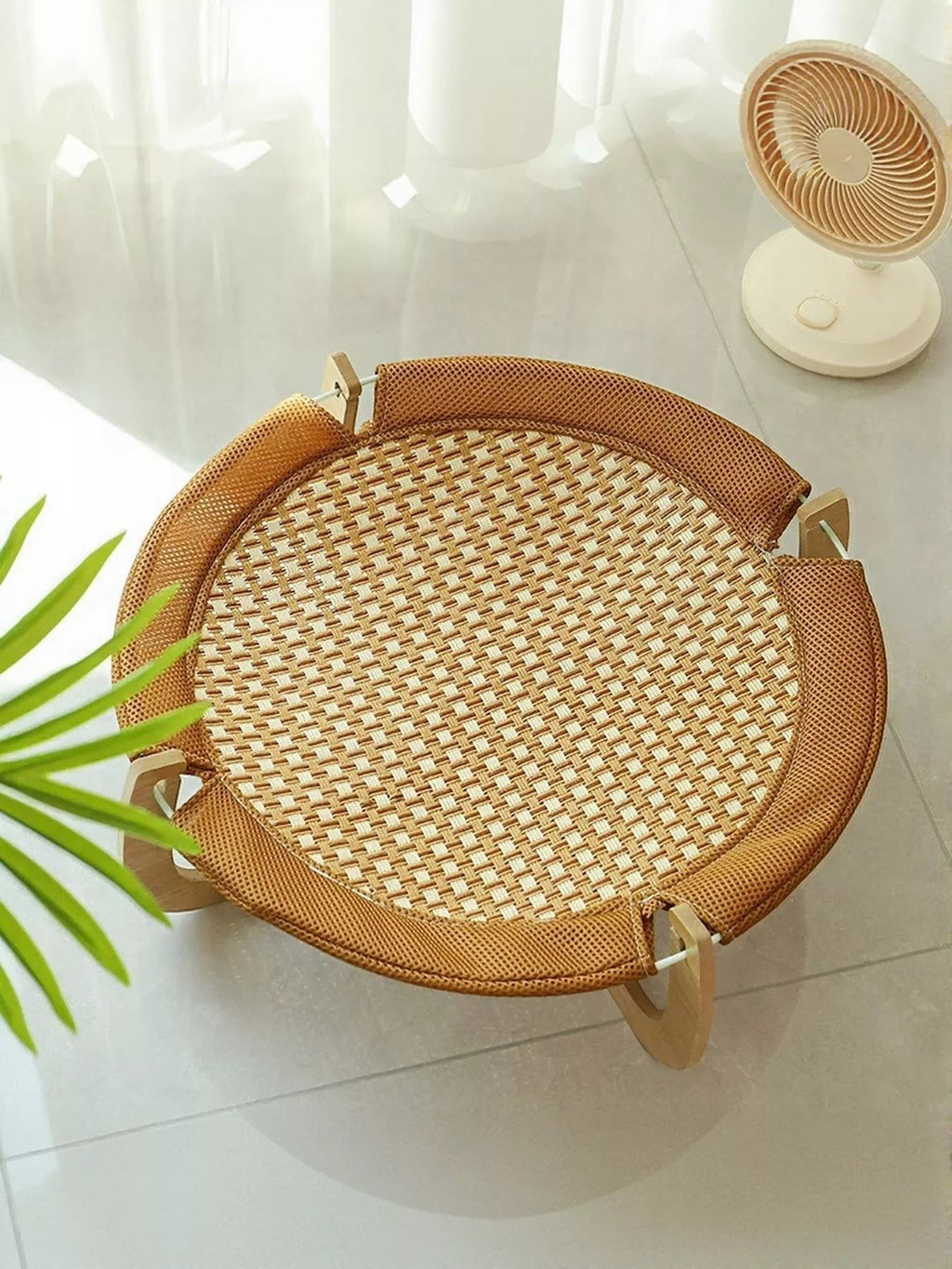 Little Pets Club Elevated Woven Lounge pet bed with natural woven surface and light wood frame, beige and tan.