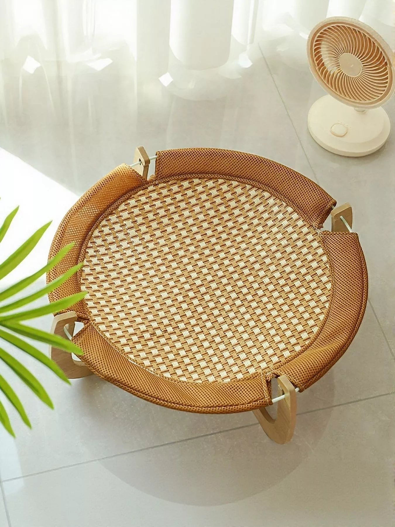 Little Pets Club Elevated Woven Lounge pet bed with natural woven surface and light wood frame, beige and tan.
